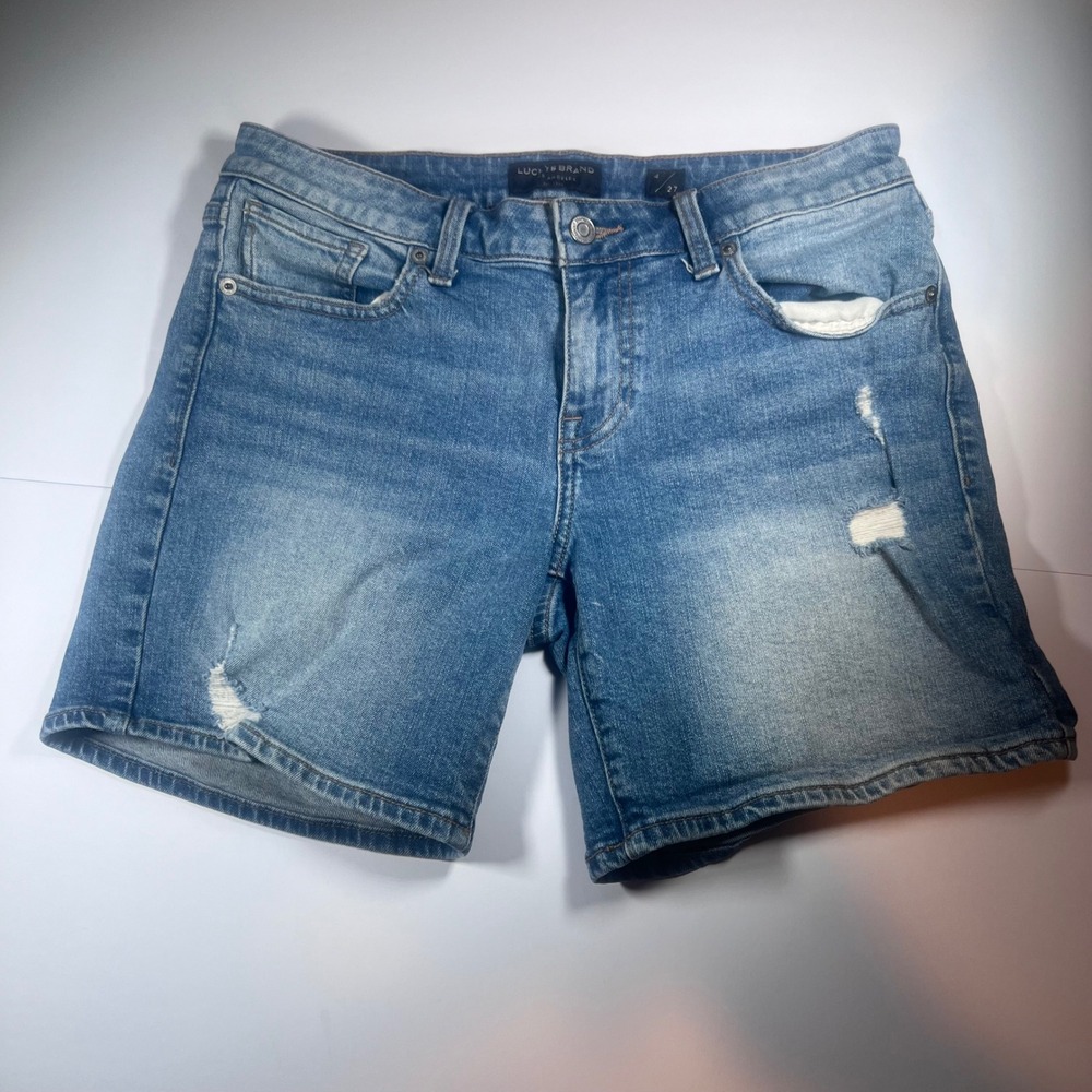 Lucky Brand Denim Shorts Women 4 27 Blue Distressed Mid Rise Medium Wash